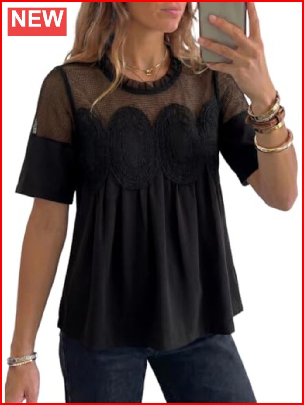 Lace Embroidered Mesh Blouse Flared Short Sleeve Top